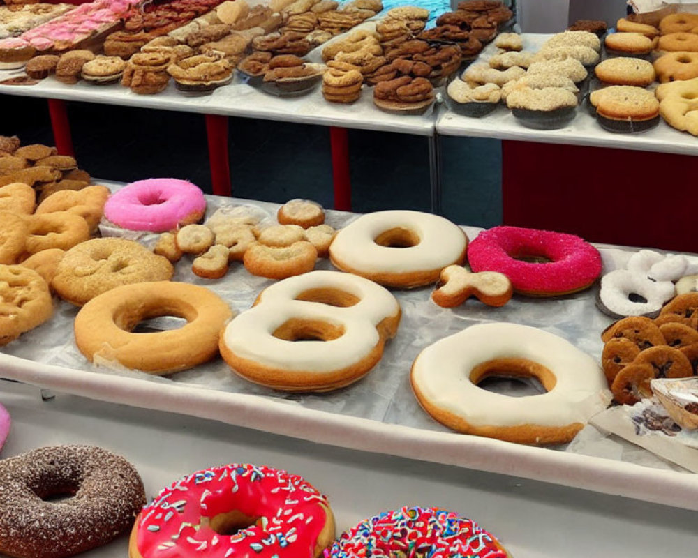 Assorted Donuts with Various Glazings and Toppings in Donut Shop