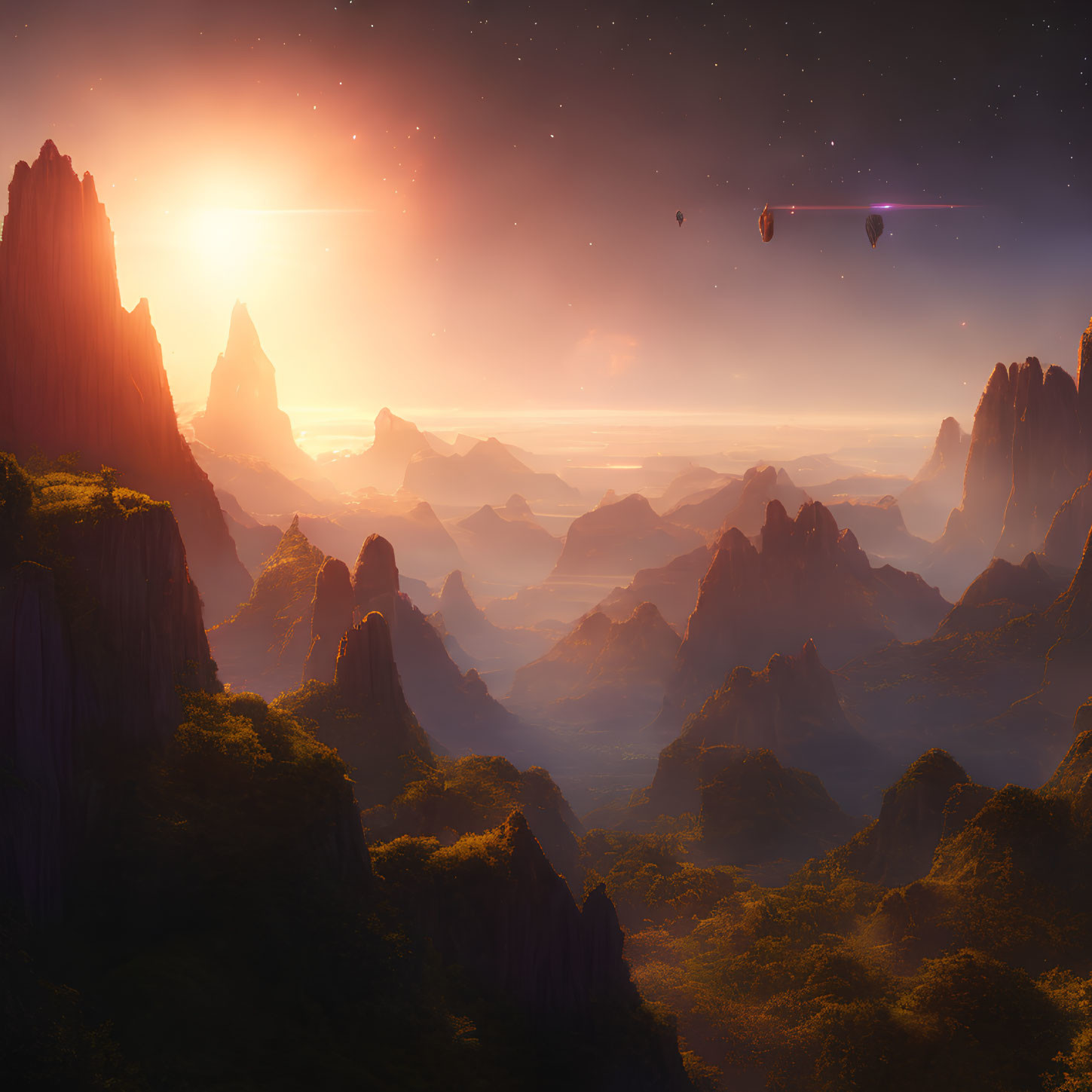 Majestic sunrise over rugged alien landscape with mountains and hot air balloons