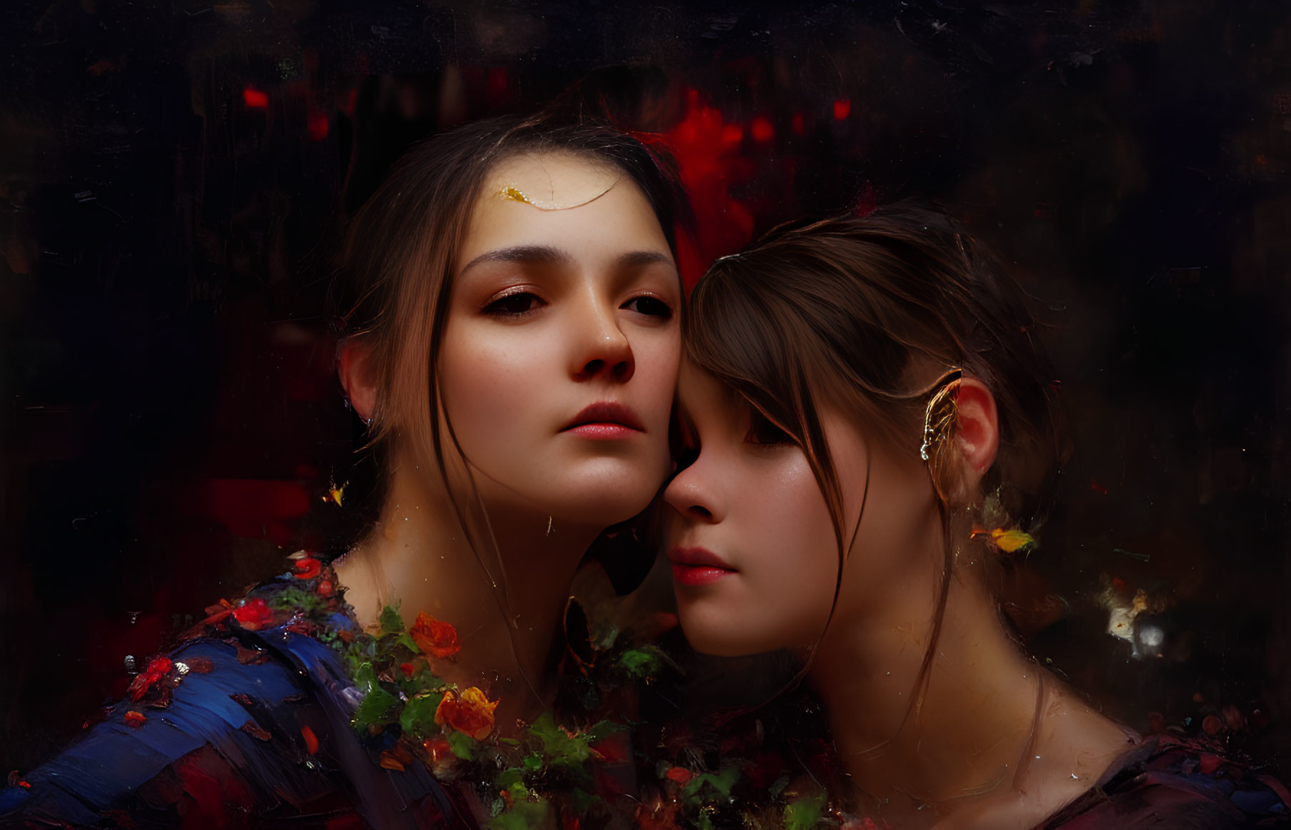 Two serene women in dark, colorful setting with scattered petals.