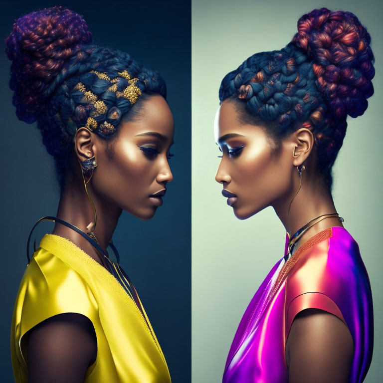 Intricate braided updo with gold accessories, yellow and purple outfits in dual profile shot