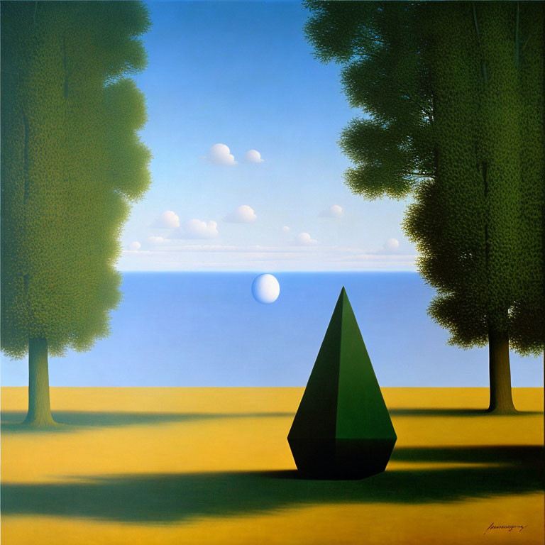 Tranquil landscape with green trees, yellow pathway, blue sea, and geometric cone.