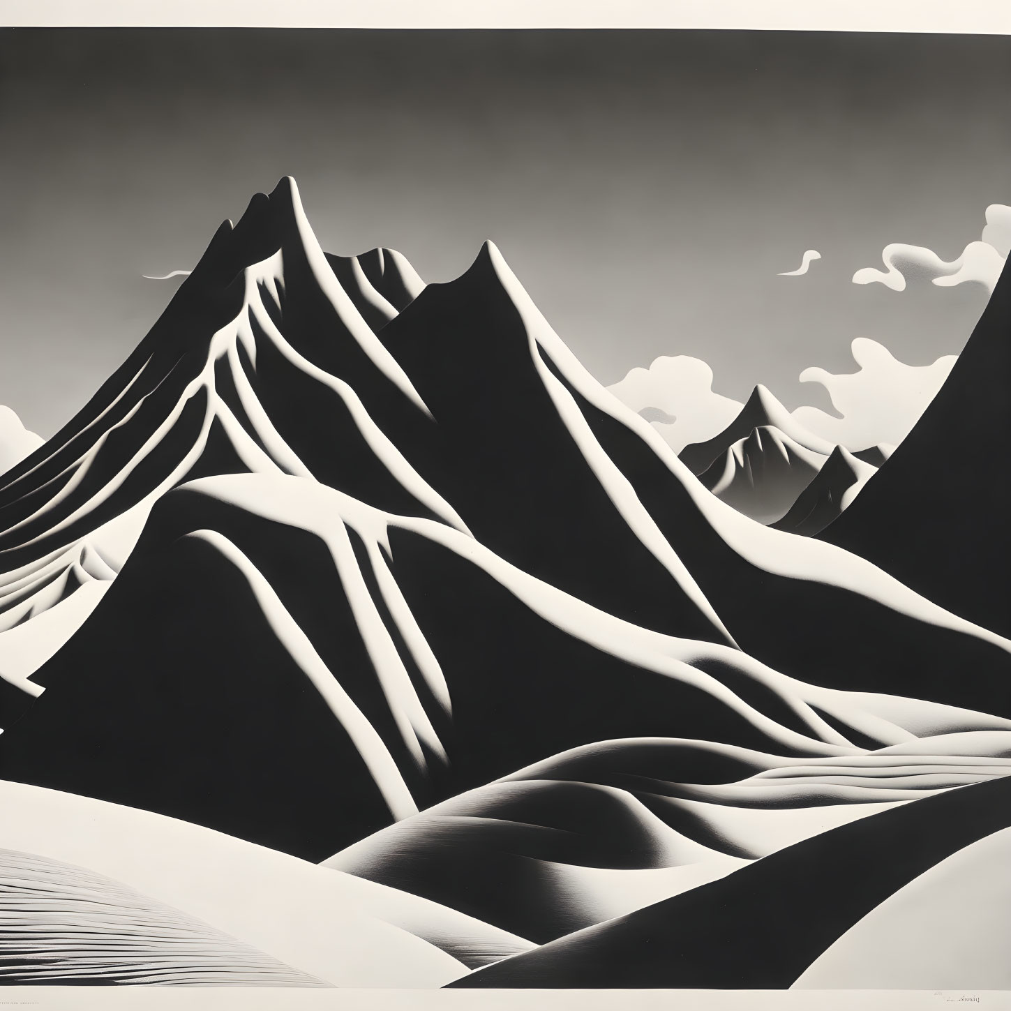 Monochrome painting of sharp mountains and flowing dunes under cloudy sky