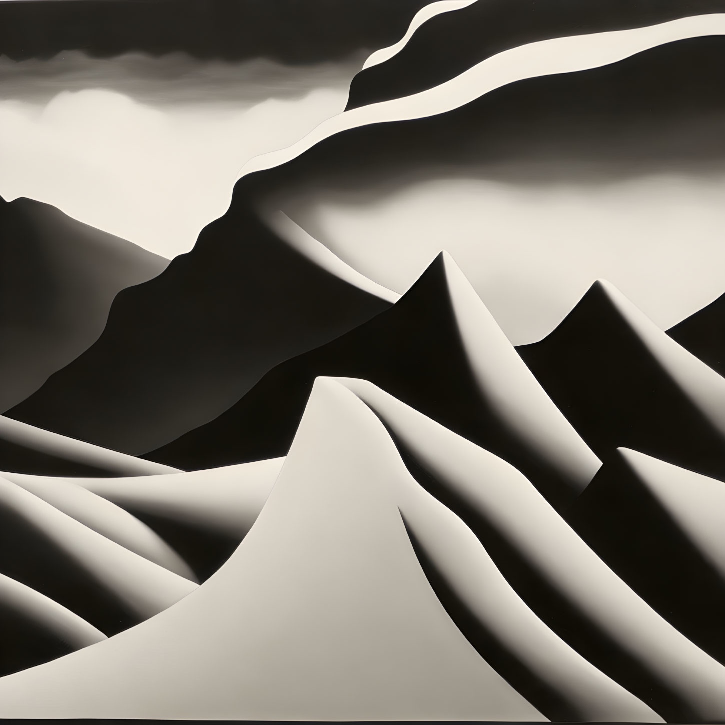 Monochrome mountains with sharp angles and dramatic lighting