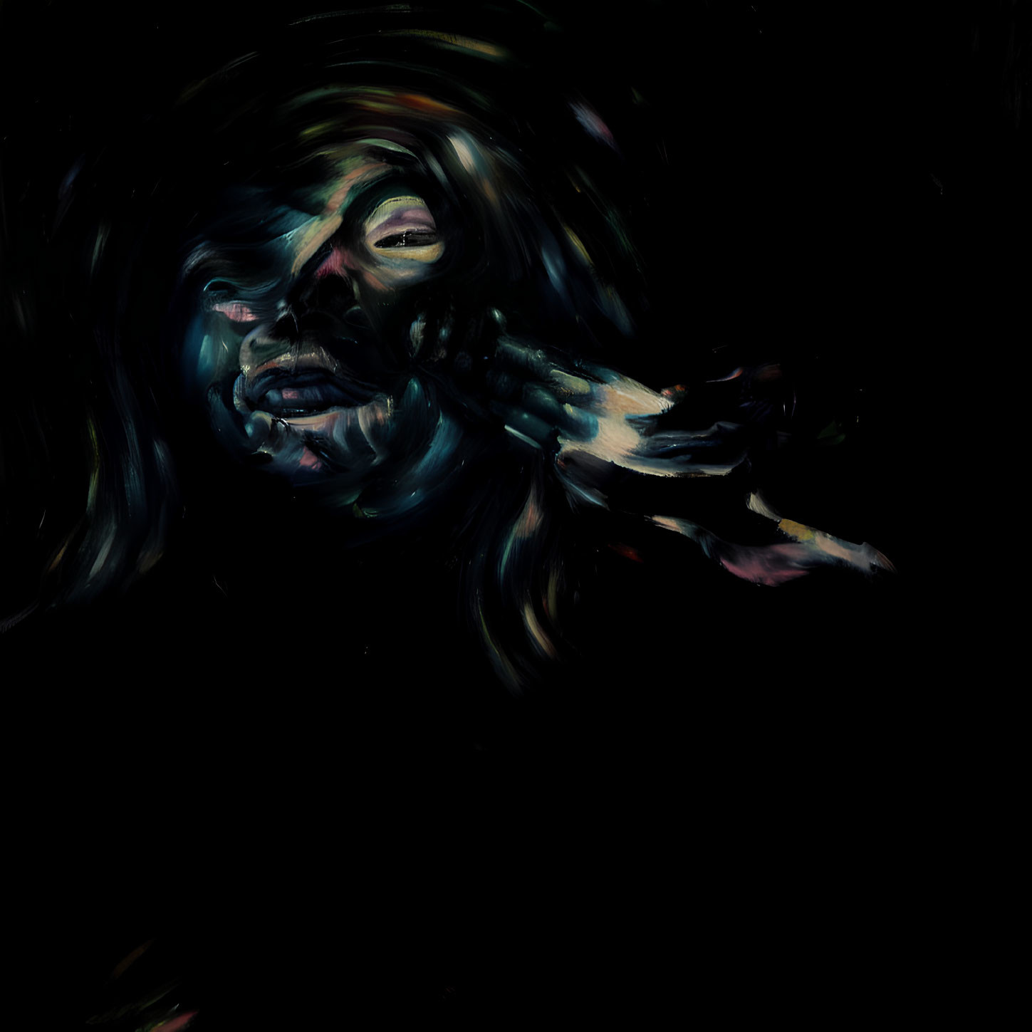 Dark-toned painting of person with distorted features and hand over mouth