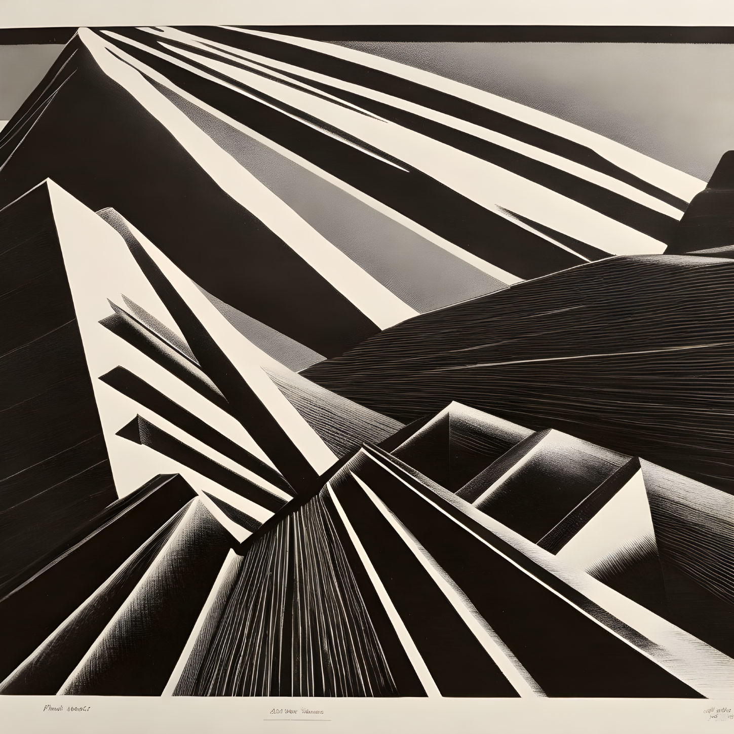 Monochrome abstract art with geometric patterns and converging lines.