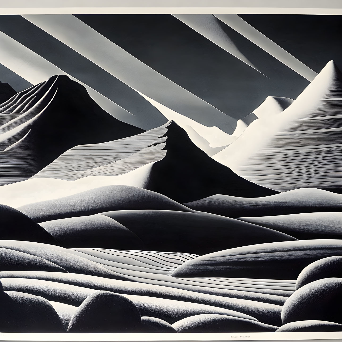 Monochrome high-contrast landscape with sharp peaks and sunbeams