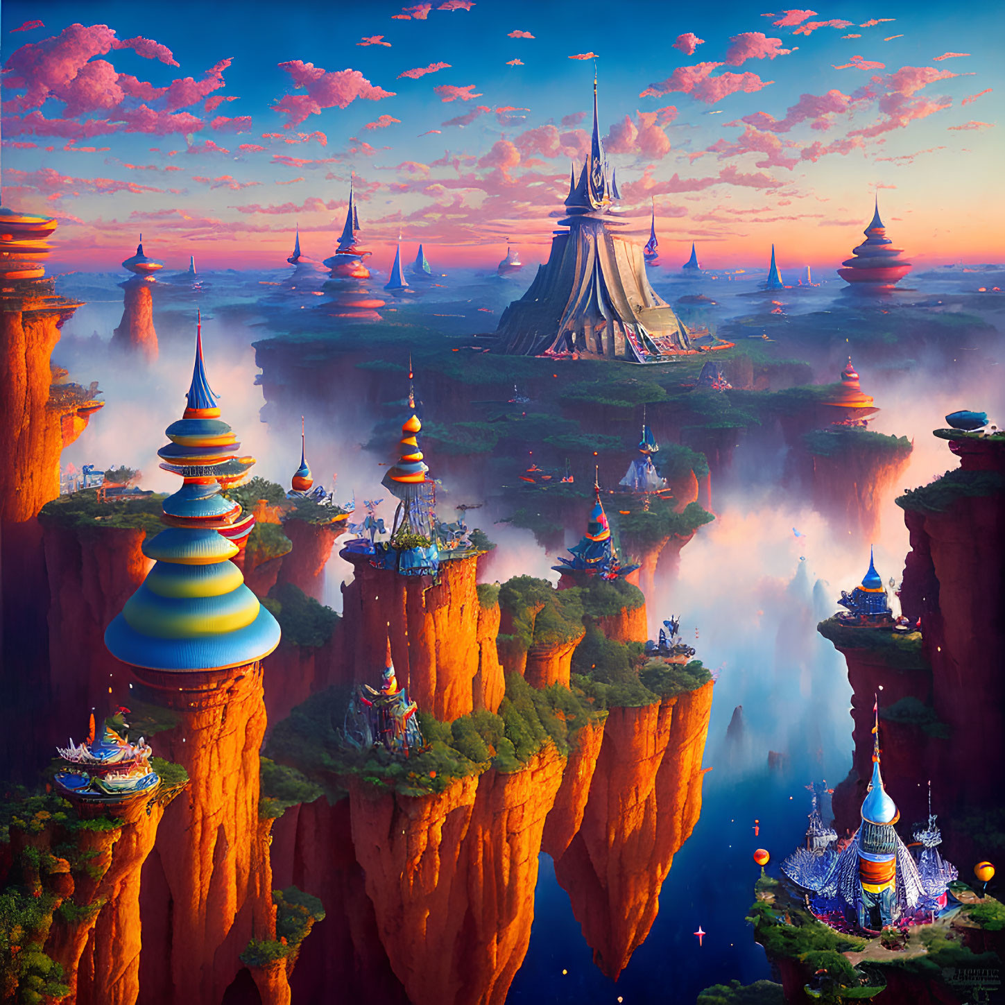 Fantastical landscape with floating islands and vibrant orange cliffs