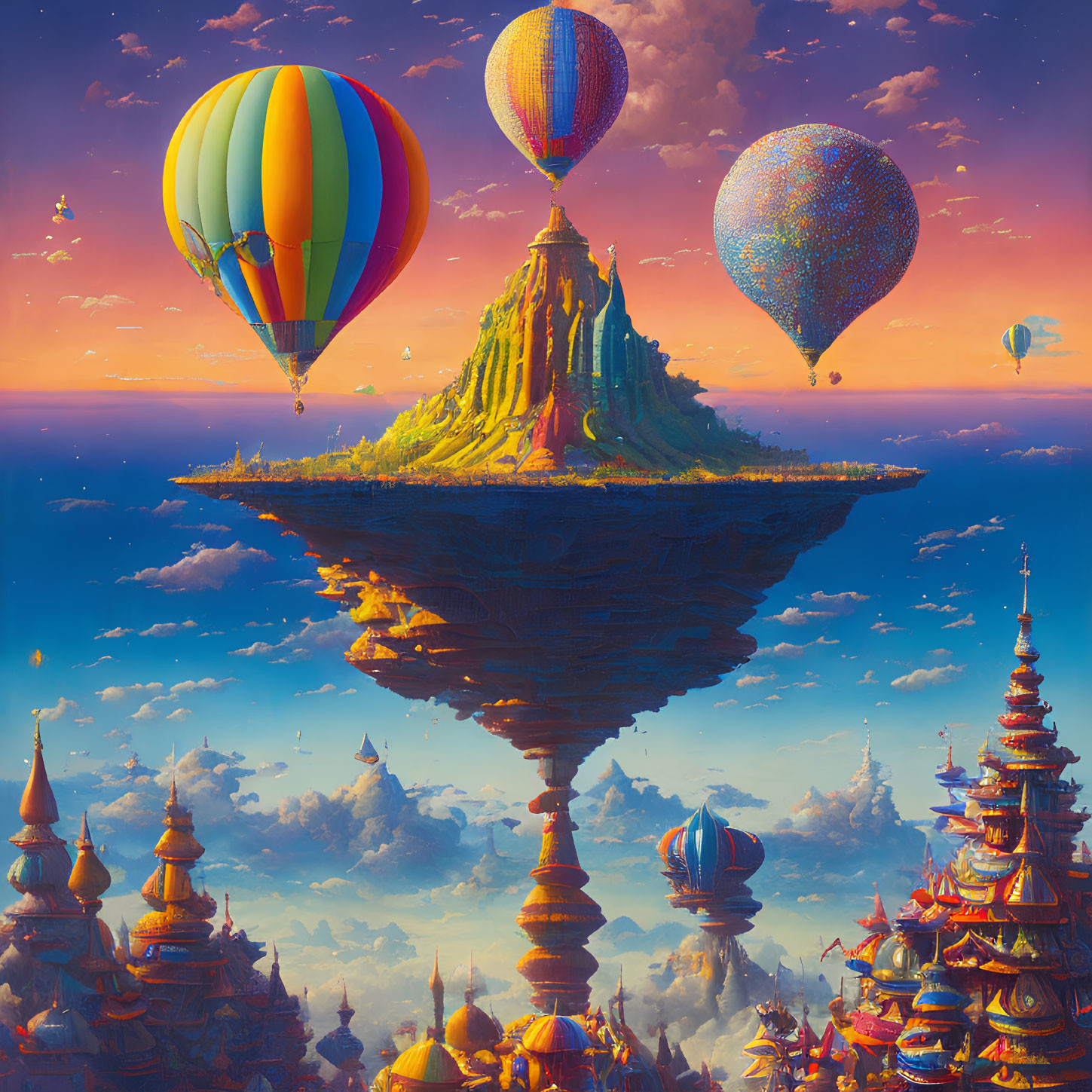 Mountainous floating island with hot air balloons above cloud-covered temples at sunset