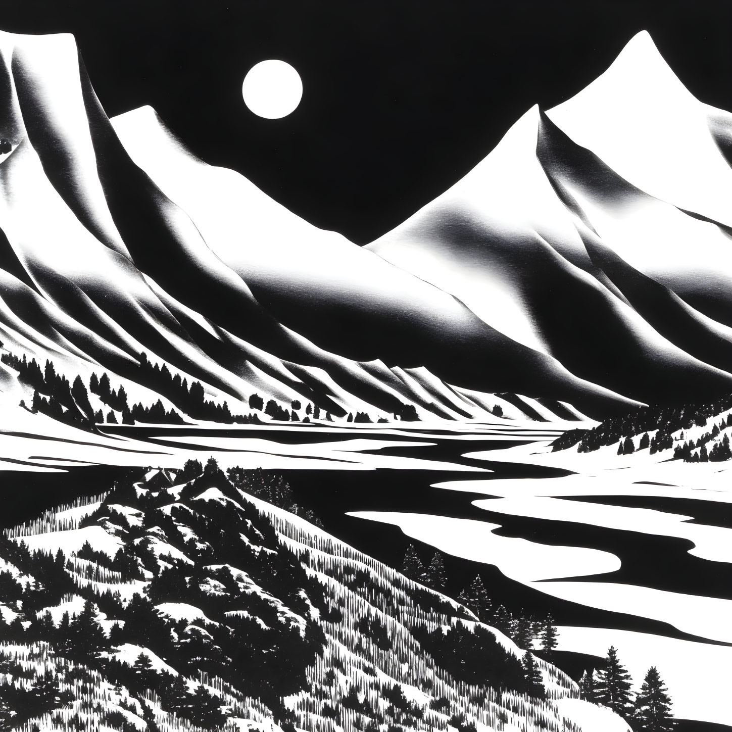 Monochromatic mountain landscape at night with full moon reflecting in river