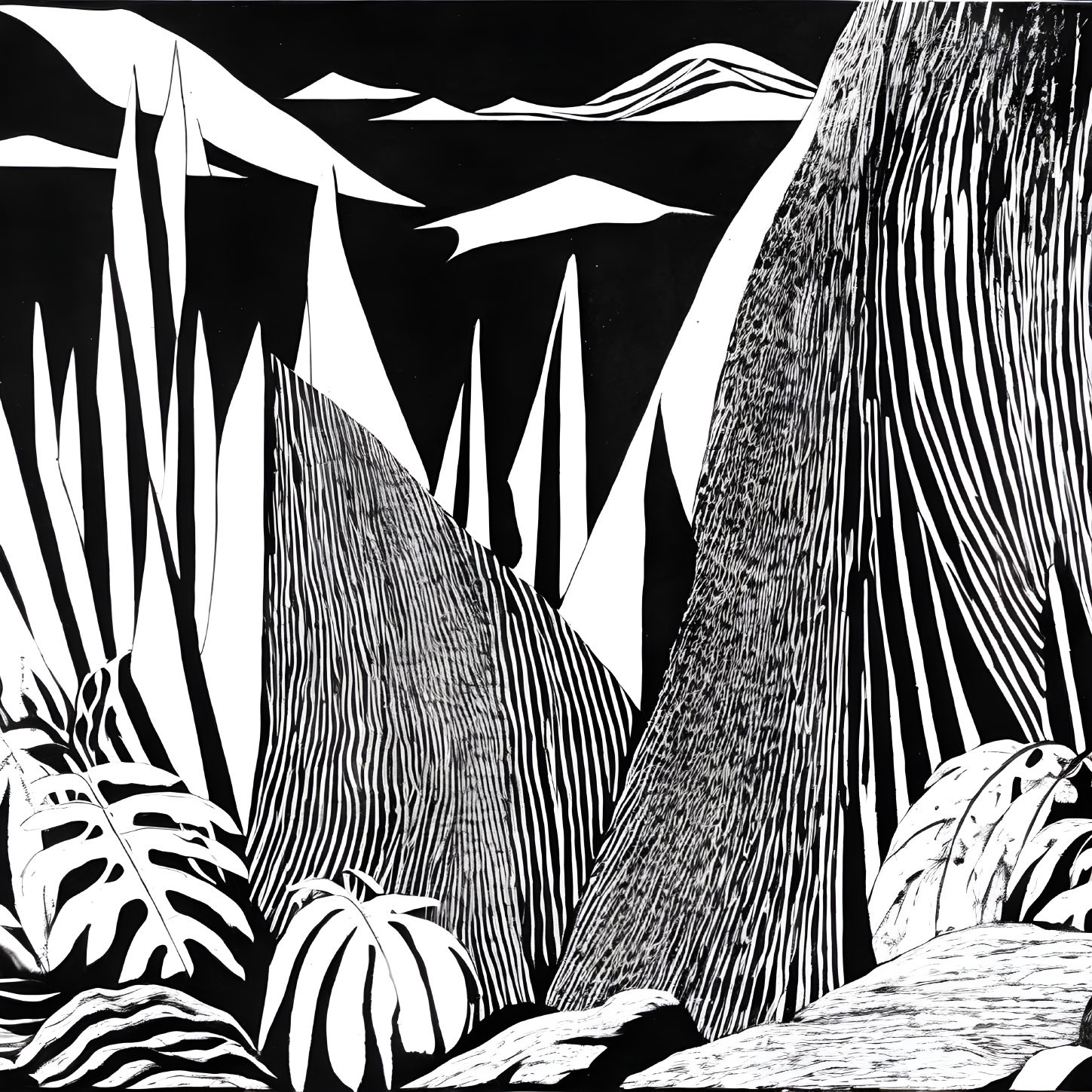 Monochrome artwork of stylized nature scene with patterned foliage and textured hills