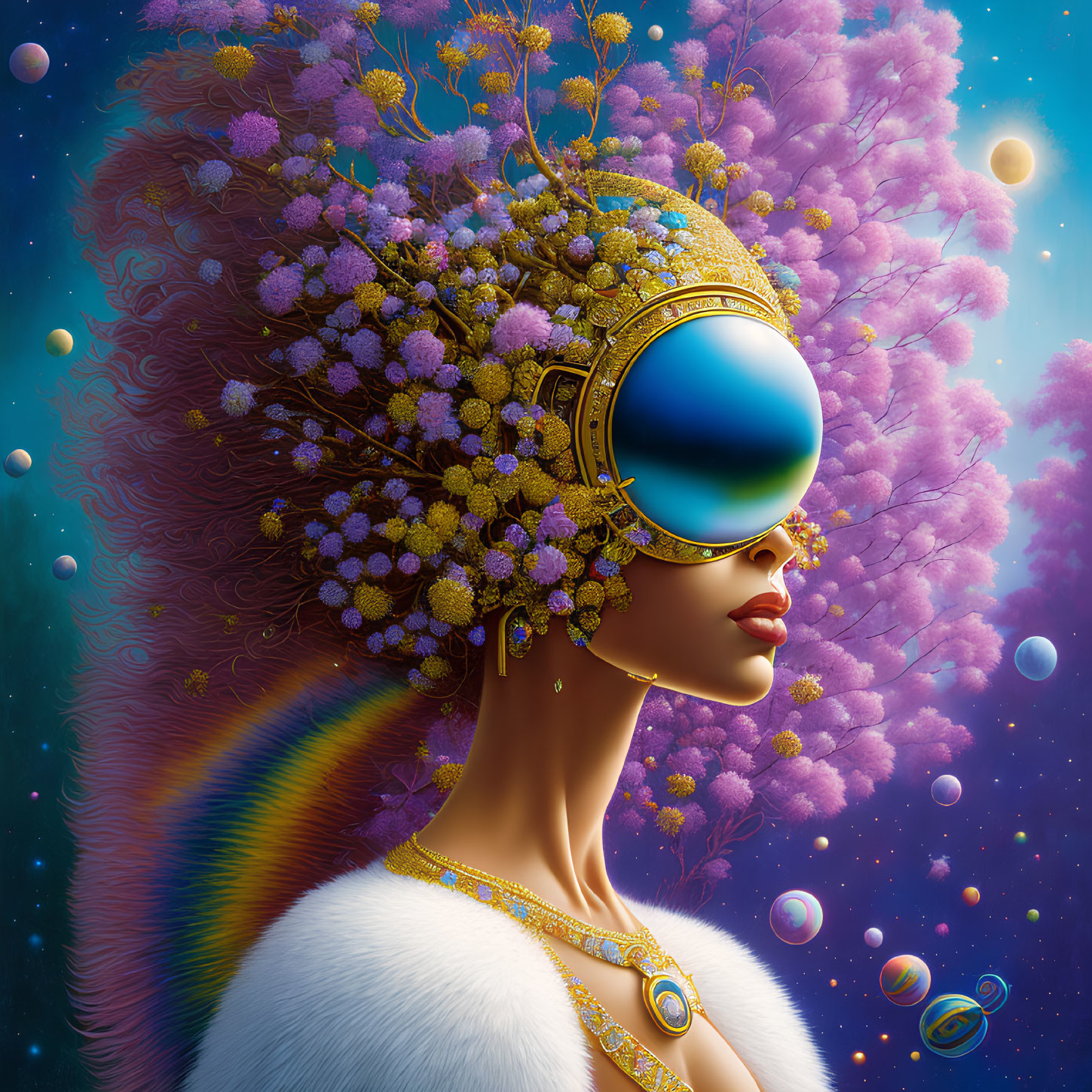 Futuristic woman with golden headdress in cosmic setting