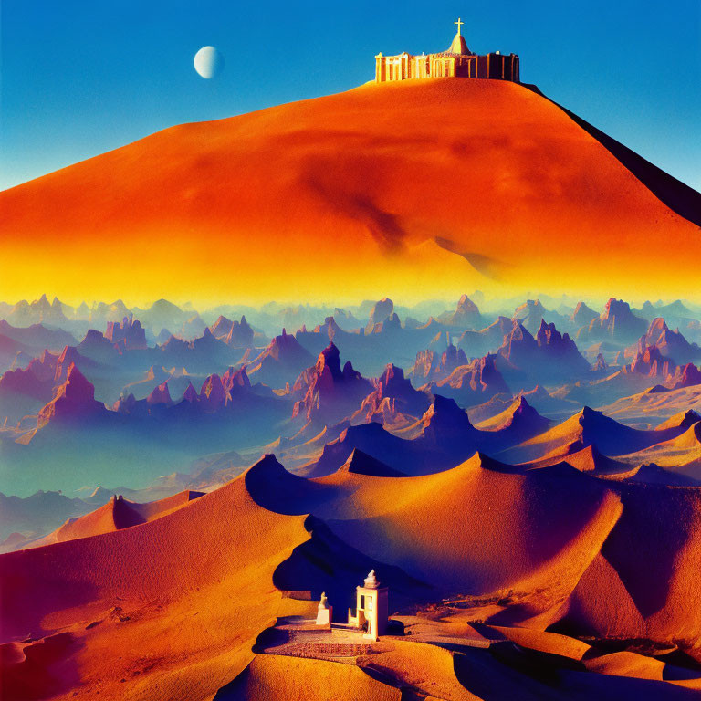 Desert landscape at sunset with classical temple and moon.