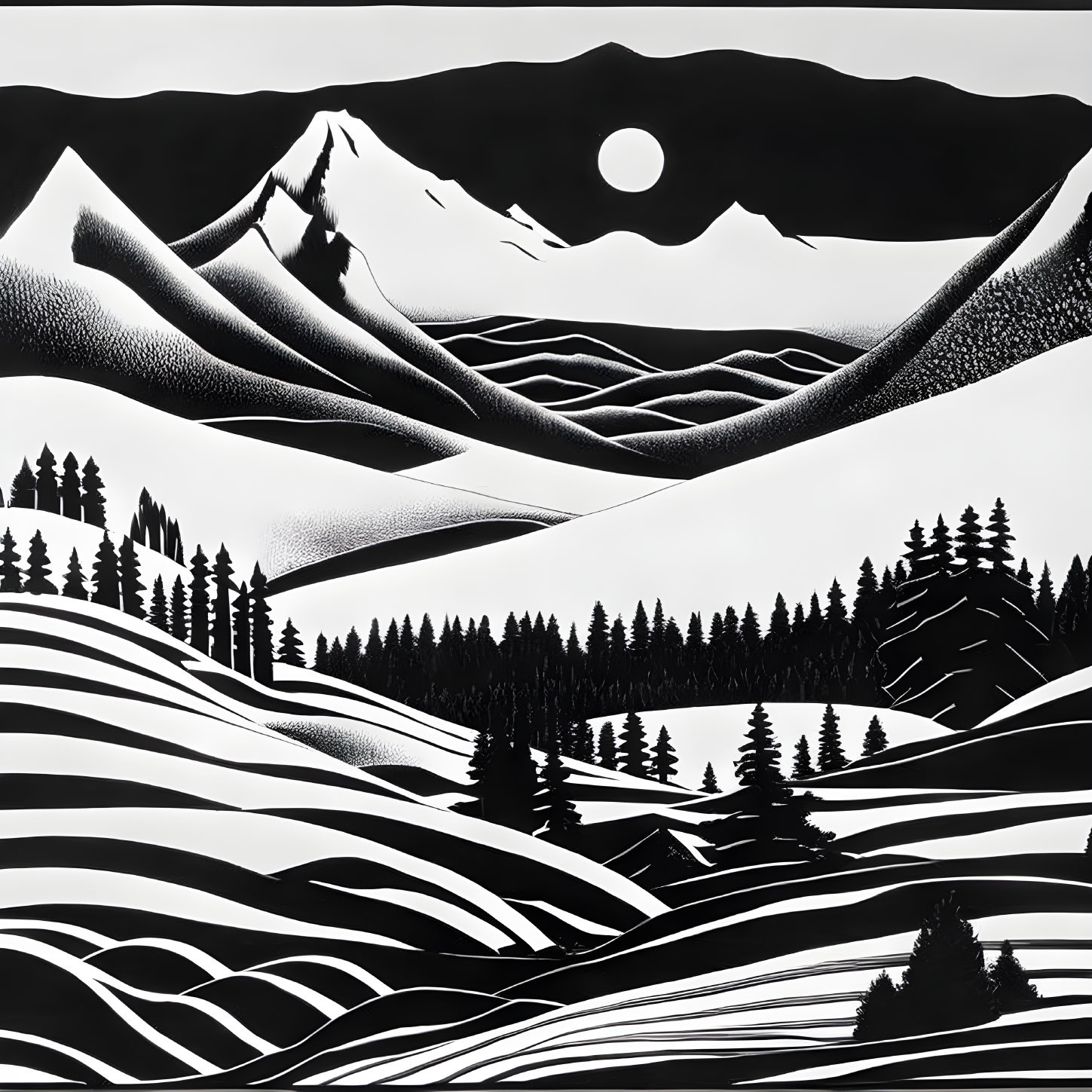 Stylized monochrome landscape with mountains, hills, sun or moon, and coniferous trees