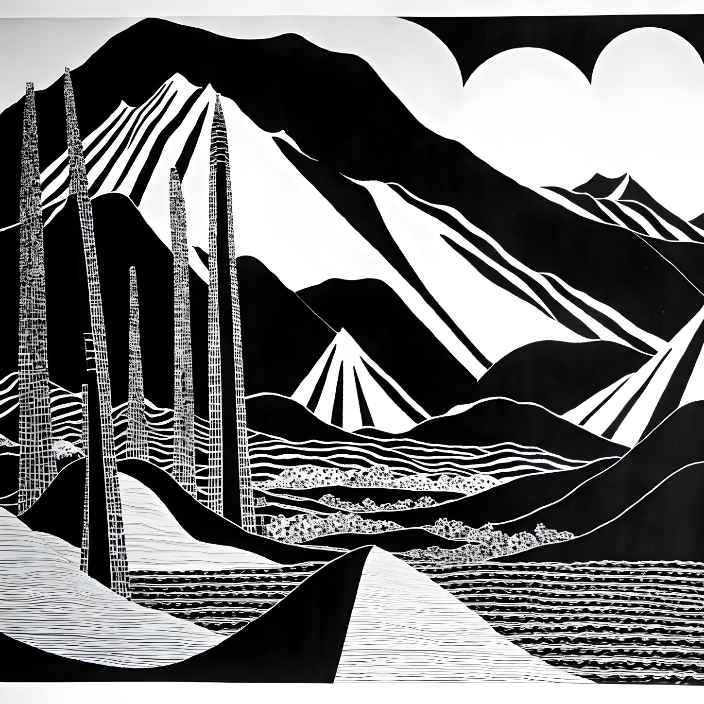 Monochrome mountain landscape with geometric shapes and textures