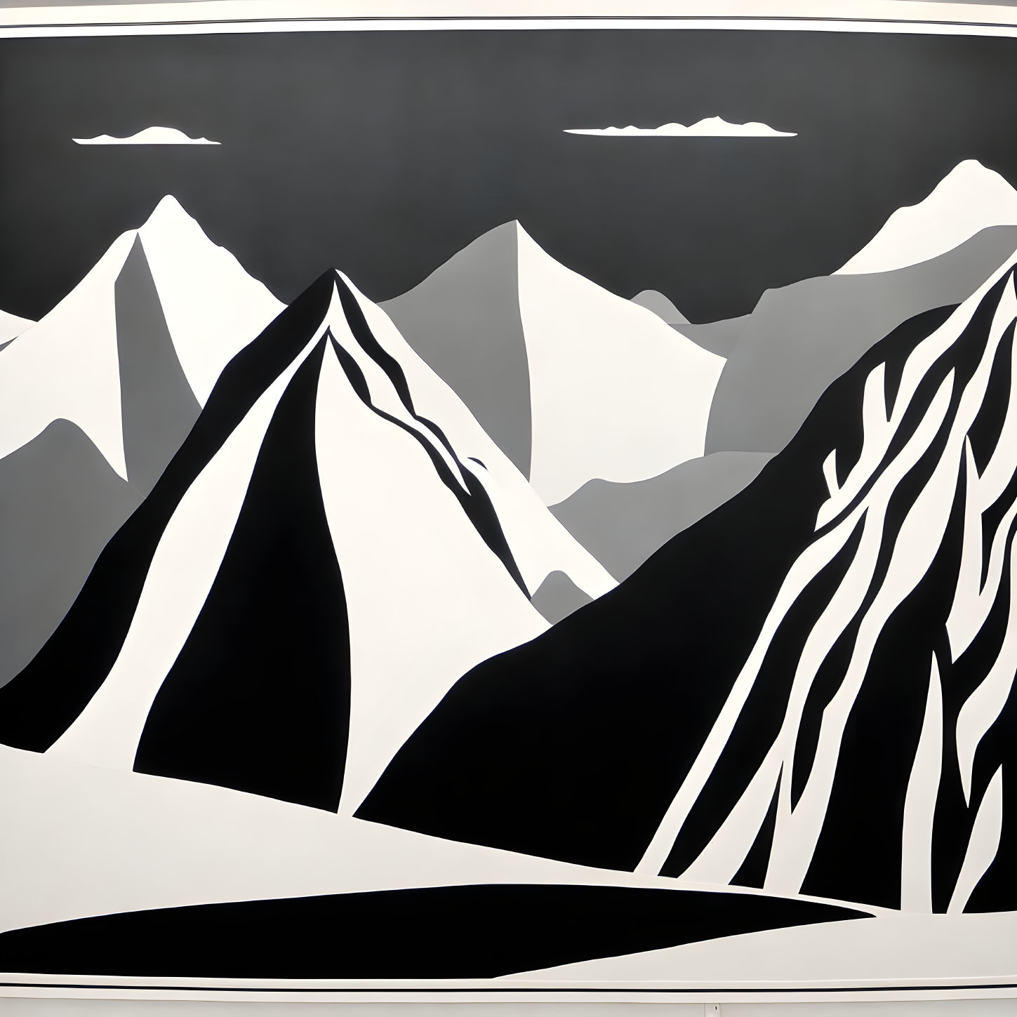 Abstract Monochrome Mountain Landscape with Stylized Peaks and Clouds