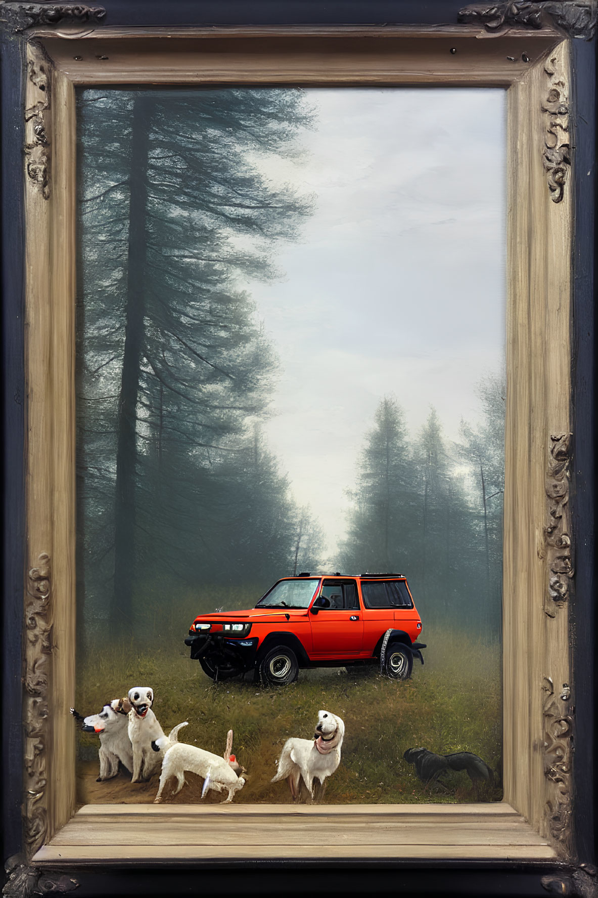 Vintage Framed Painting: Red SUV in Misty Forest with Four Dogs