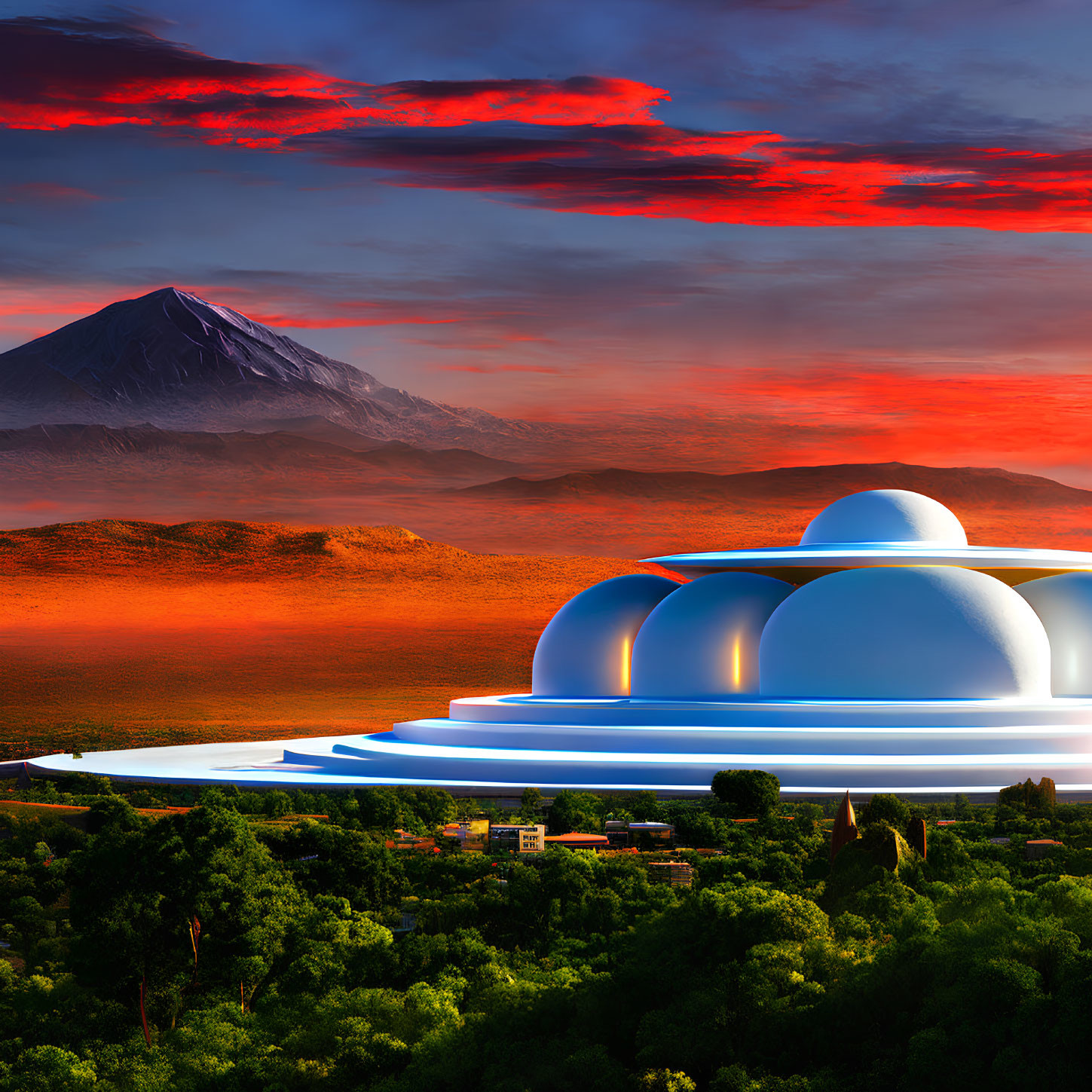 Futuristic domed structure in lush oasis with red sky and towering mountain