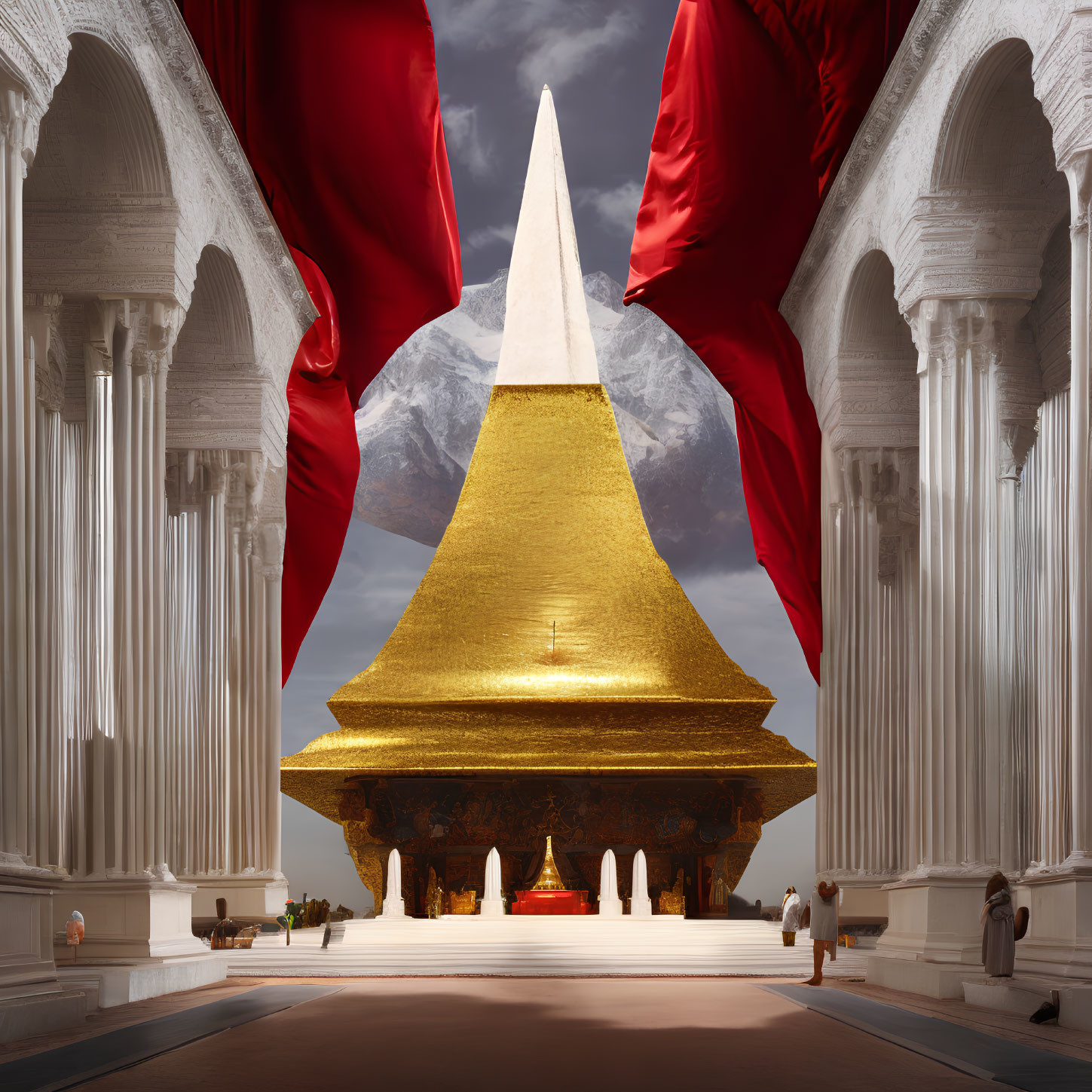 Golden pyramid with spire, white pillars, red drapes, under cloudy sky in serene architectural scene