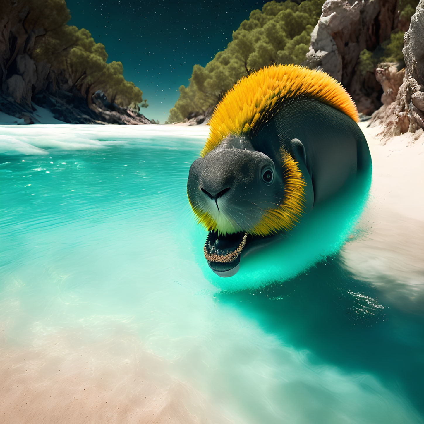 Surreal creature with seal body and parrot head on tropical beach