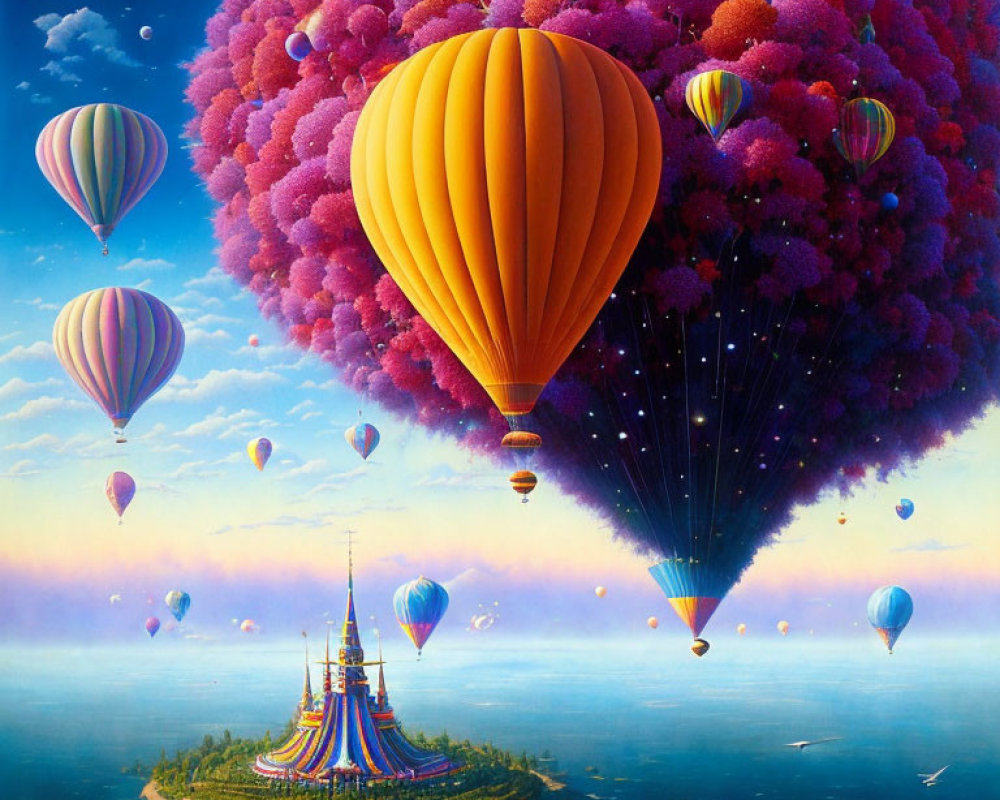 Vibrant hot air balloons over lush island with castle and sky bubbles