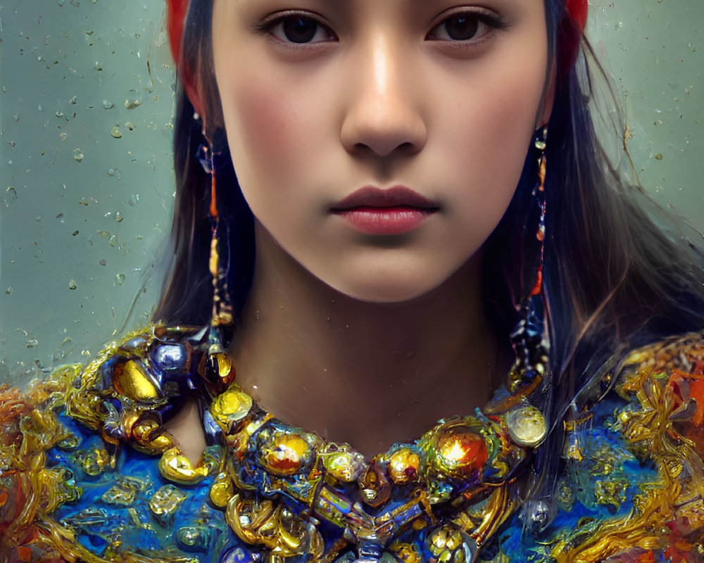 Portrait of Woman with Ornate Golden Headpiece and Colorful Garment