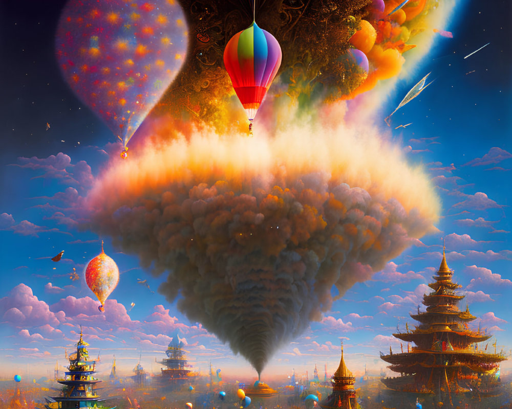 Vibrant cosmic scene with hot air balloons, floating planets, and Asian-style pagodas.