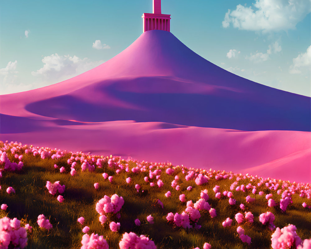 Surreal pink sand desert with tower and pink flowers on dune