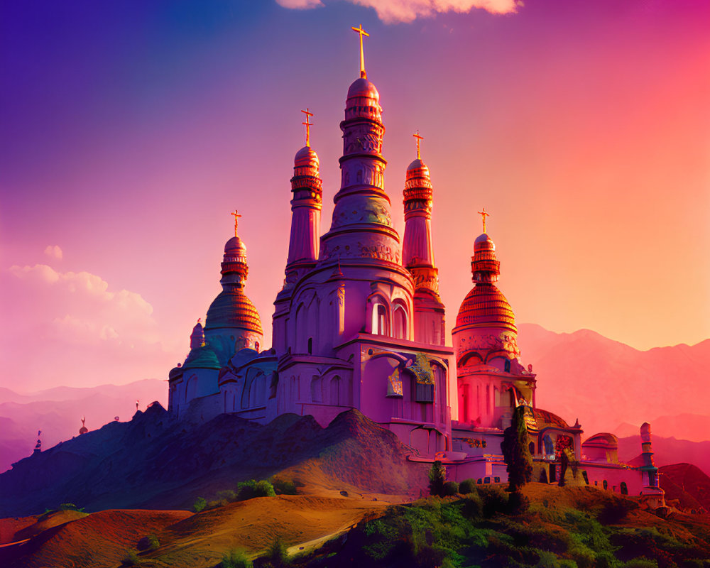 Ornate cathedral with golden domes against mountain sunset