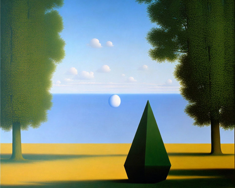 Tranquil landscape with green trees, yellow pathway, blue sea, and geometric cone.