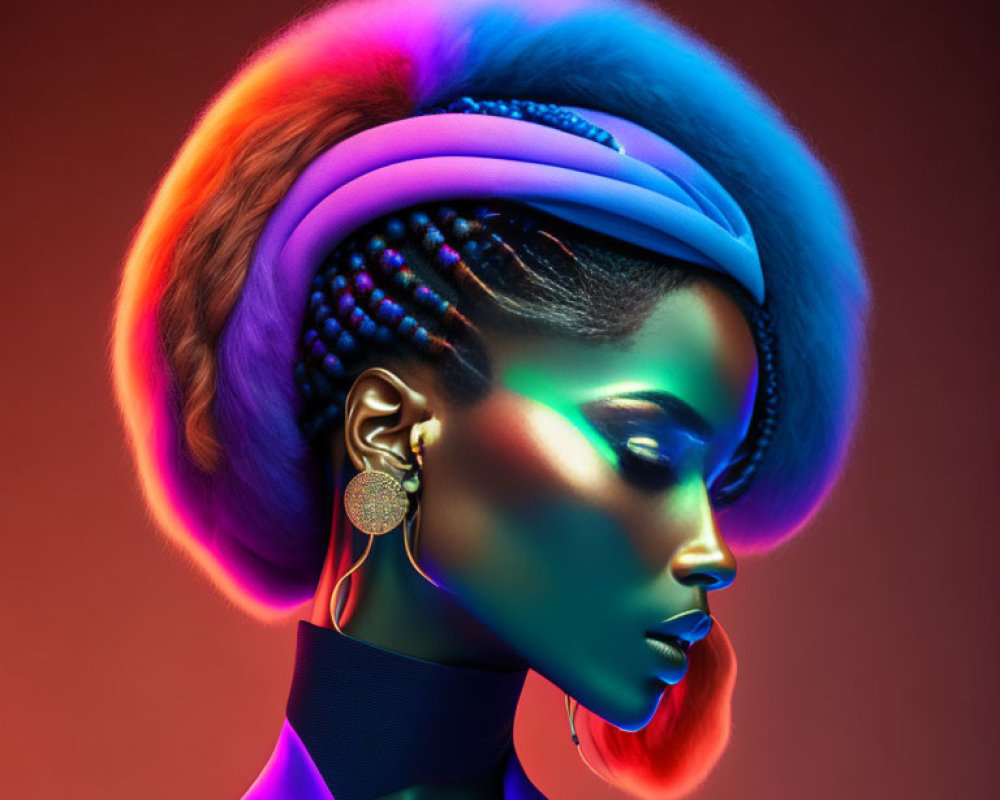 Profile of woman with vibrant neon lighting, intricate braids, headband, and statement earring on