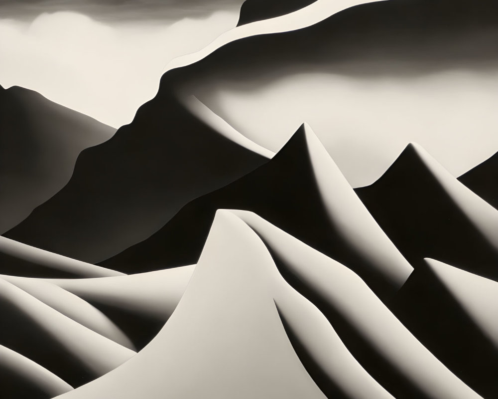 Monochrome mountains with sharp angles and dramatic lighting