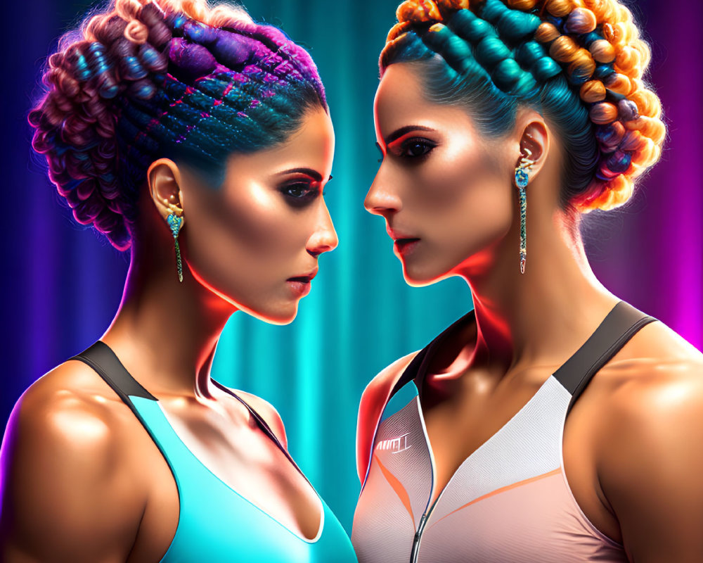 Two Women with Braided Hair in Colorful Backdrop and Athletic Wear