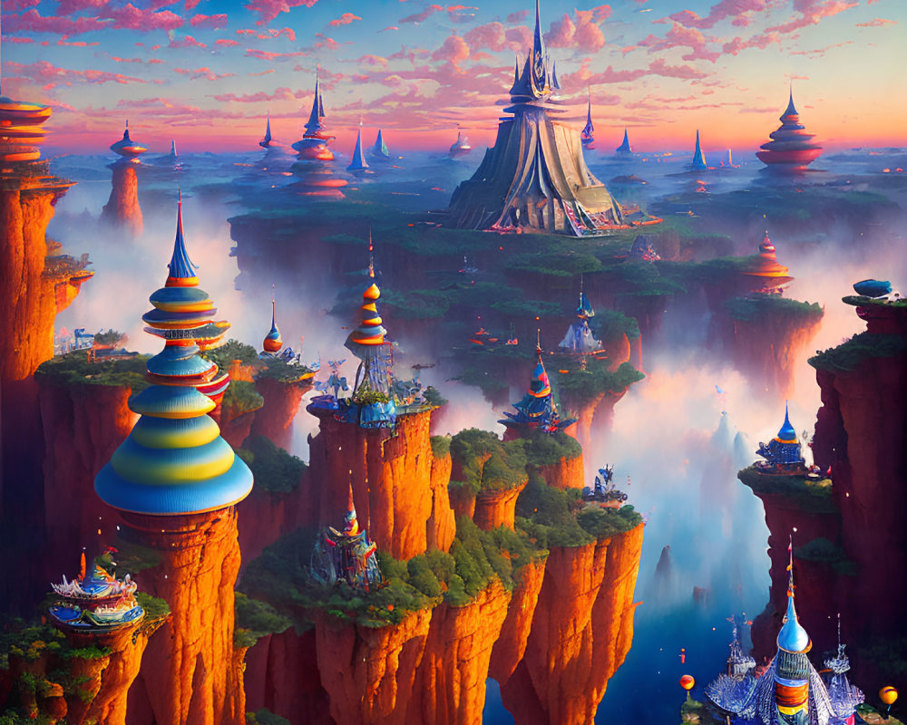 Fantastical landscape with floating islands and vibrant orange cliffs