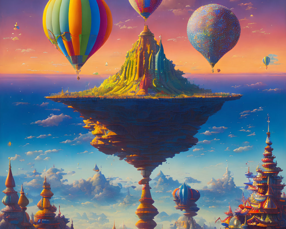 Mountainous floating island with hot air balloons above cloud-covered temples at sunset