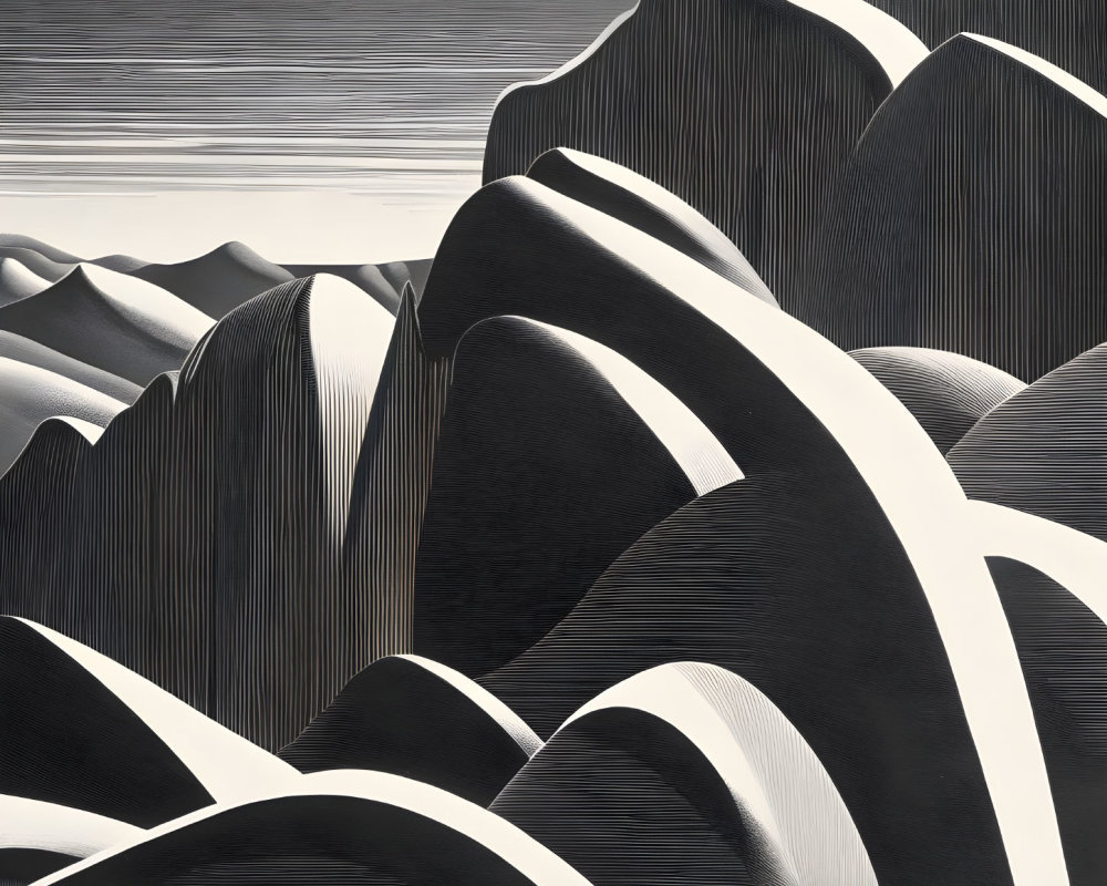 Abstract Monochrome Art: Rolling Hills or Waves with Curving Lines