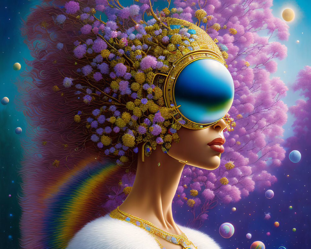 Futuristic woman with golden headdress in cosmic setting