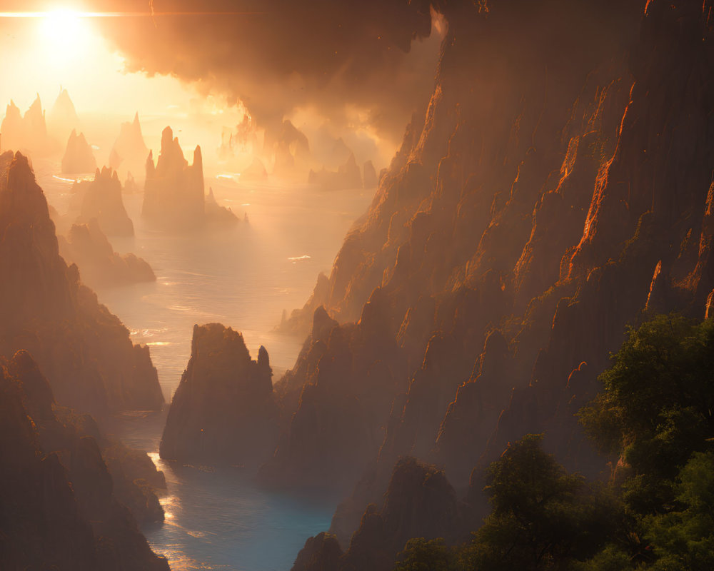 Misty canyon at sunrise with towering cliffs and river.