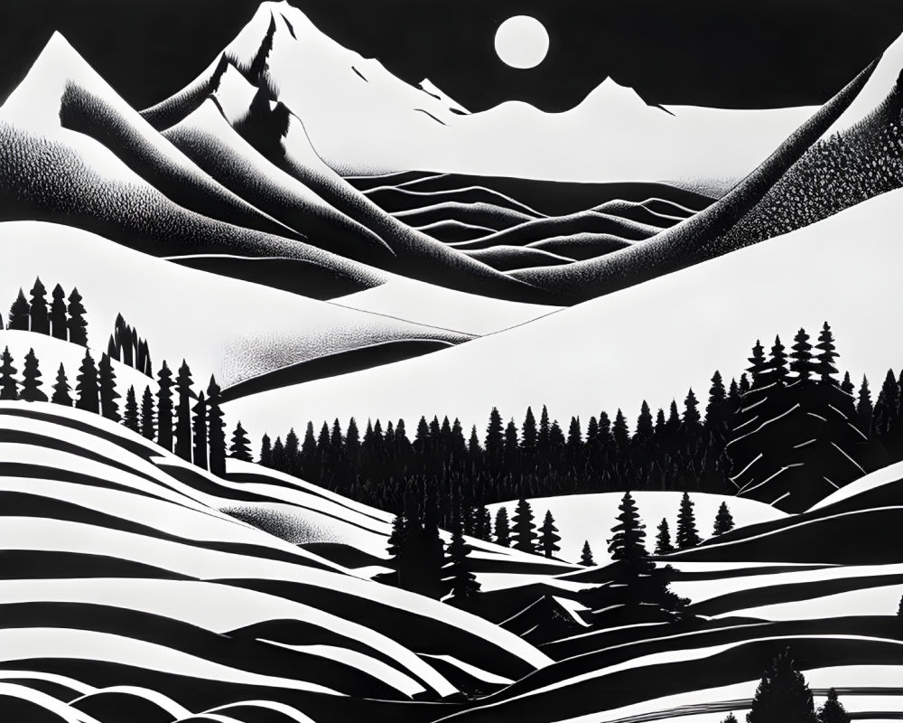 Stylized monochrome landscape with mountains, hills, sun or moon, and coniferous trees