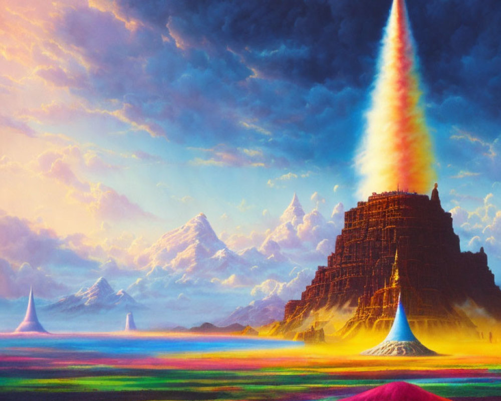 Vibrant landscape with rainbow beam, pyramid, fields, mountains, surreal sky