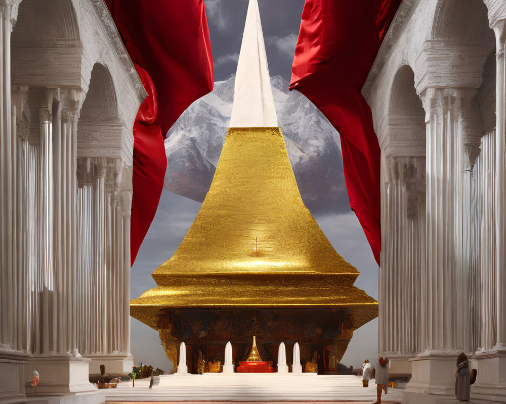 Golden pyramid with spire, white pillars, red drapes, under cloudy sky in serene architectural scene