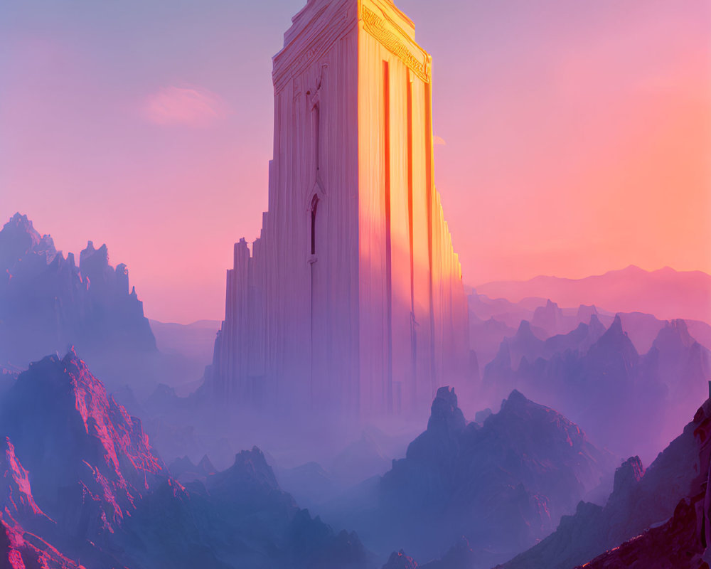 Classical columns on rugged mountains in warm pinkish-purple mist