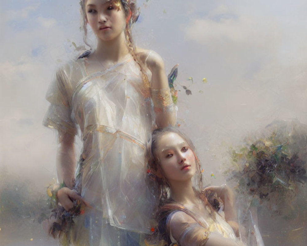 Ethereal figures in flowing garments with delicate flowers in misty setting