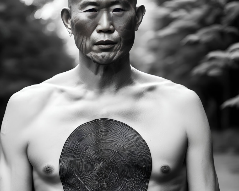 Stoic man with tree ring tattoo on chest in monochrome setting