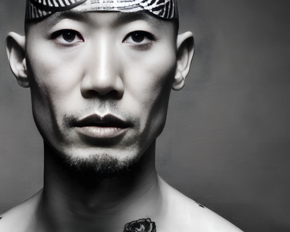 Grayscale portrait of man with headband, goatee, tattoos