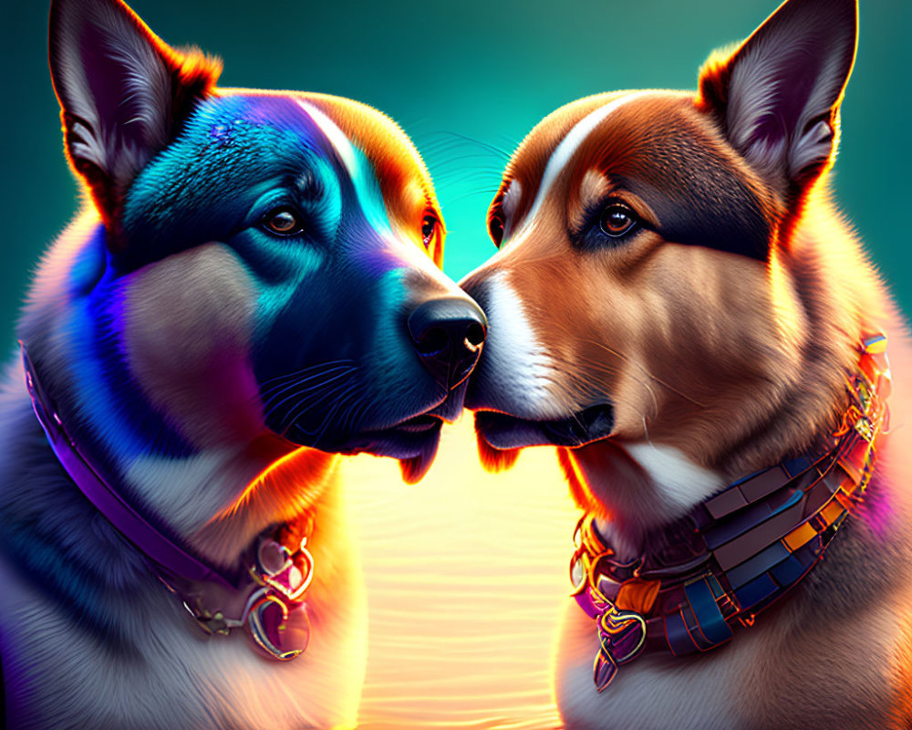 Vividly lit dogs face off on glossy surface