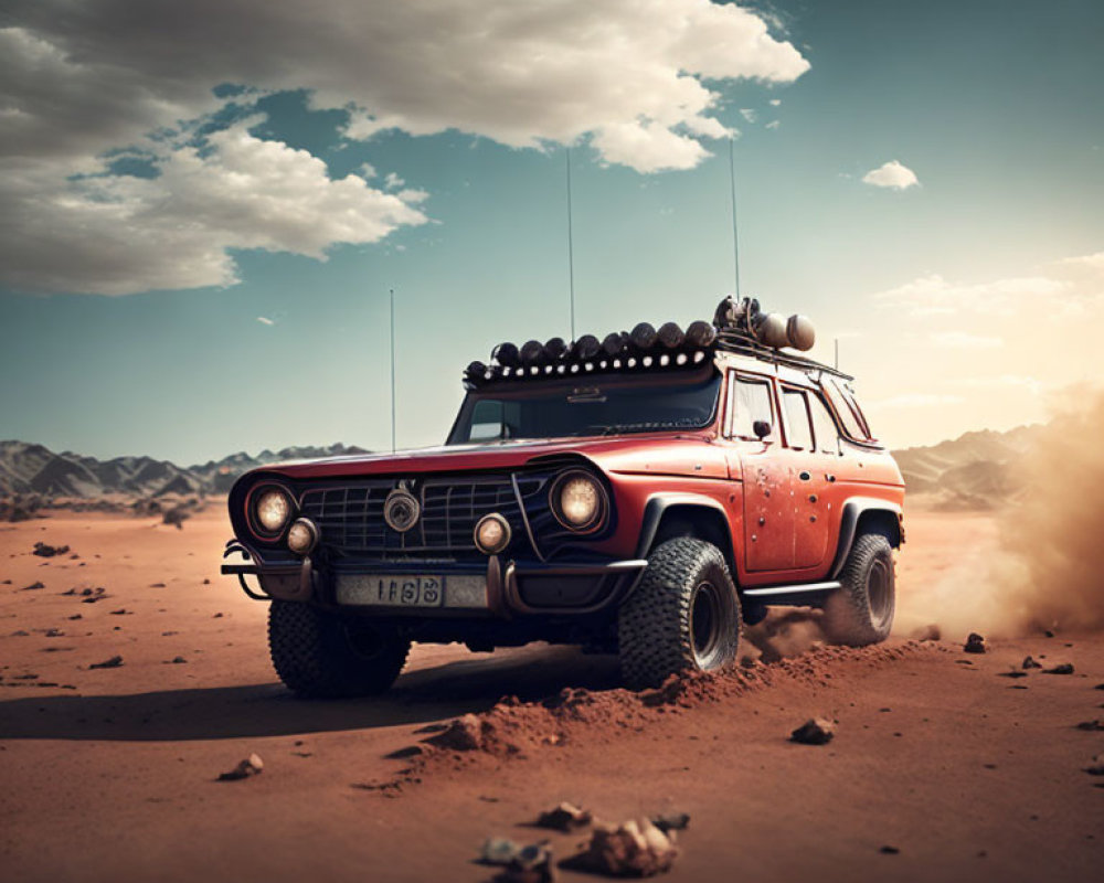 Red Vintage Off-Roading Vehicle on Dusty Desert Terrain