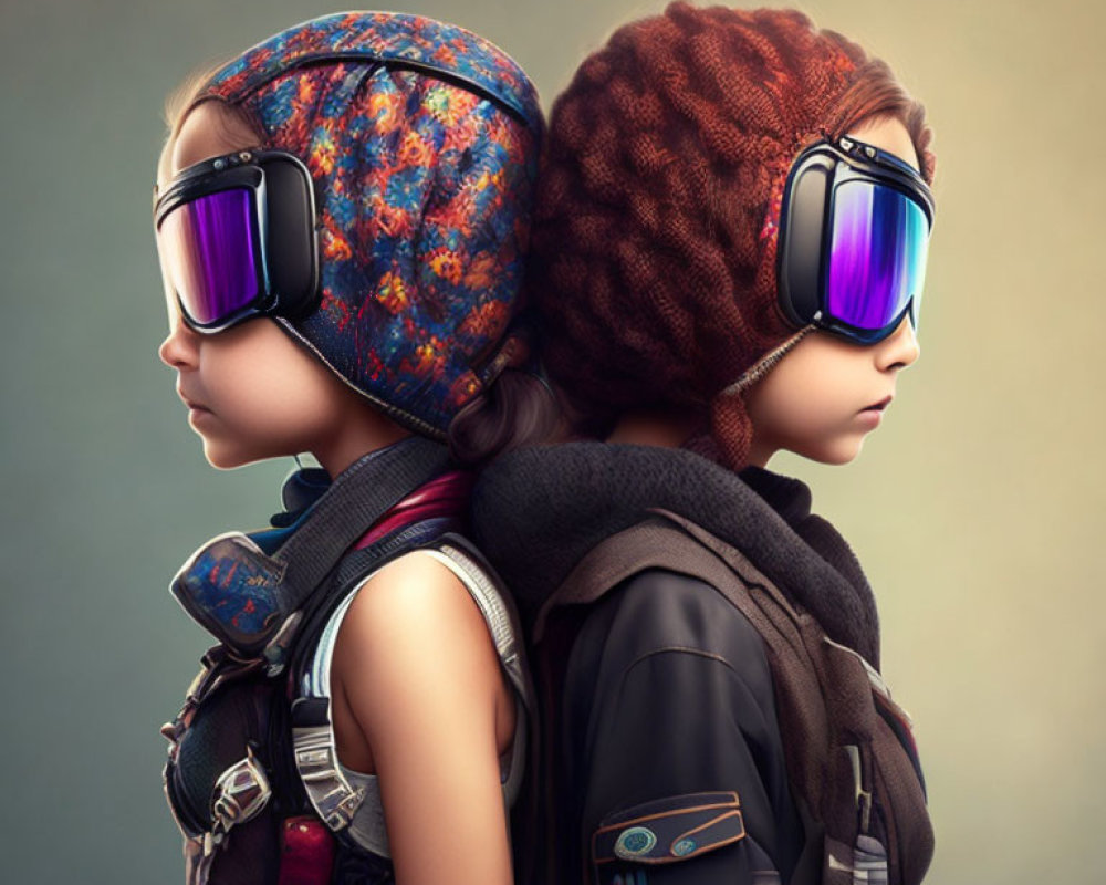 Two individuals in stylish goggles and headwear with futuristic backpacks and patches.