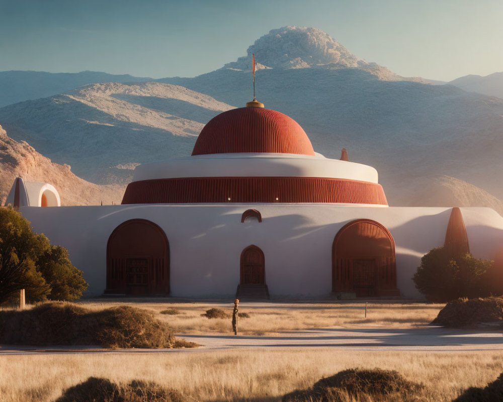 Person walking to dome-shaped building in serene landscape