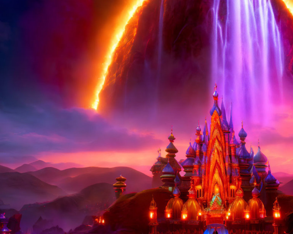 Fantasy castle under erupting golden volcano with magical waterfall