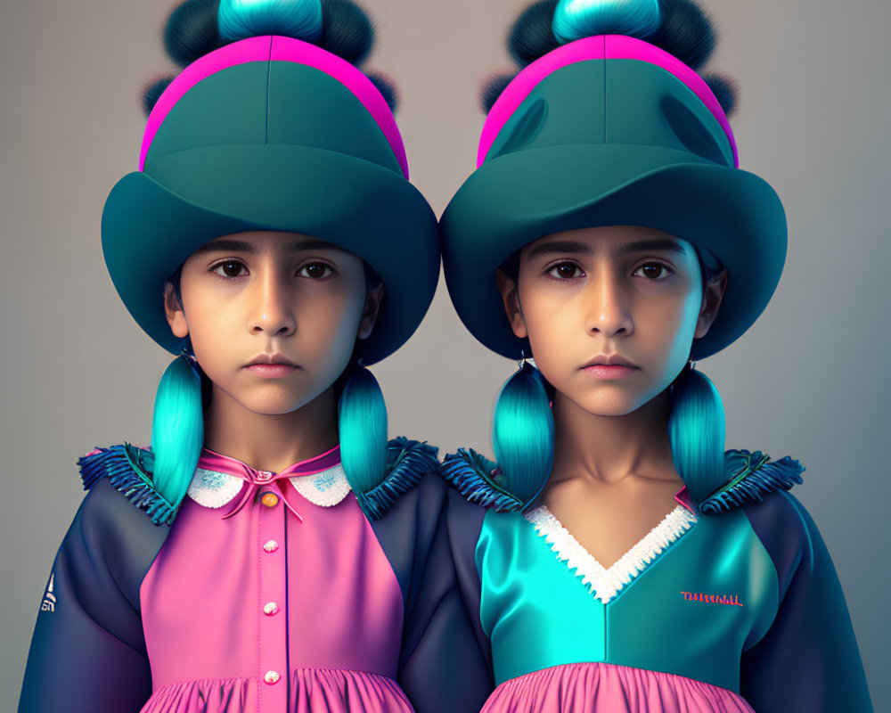 Twin girls in futuristic outfits with blue braids and teal-and-black hats